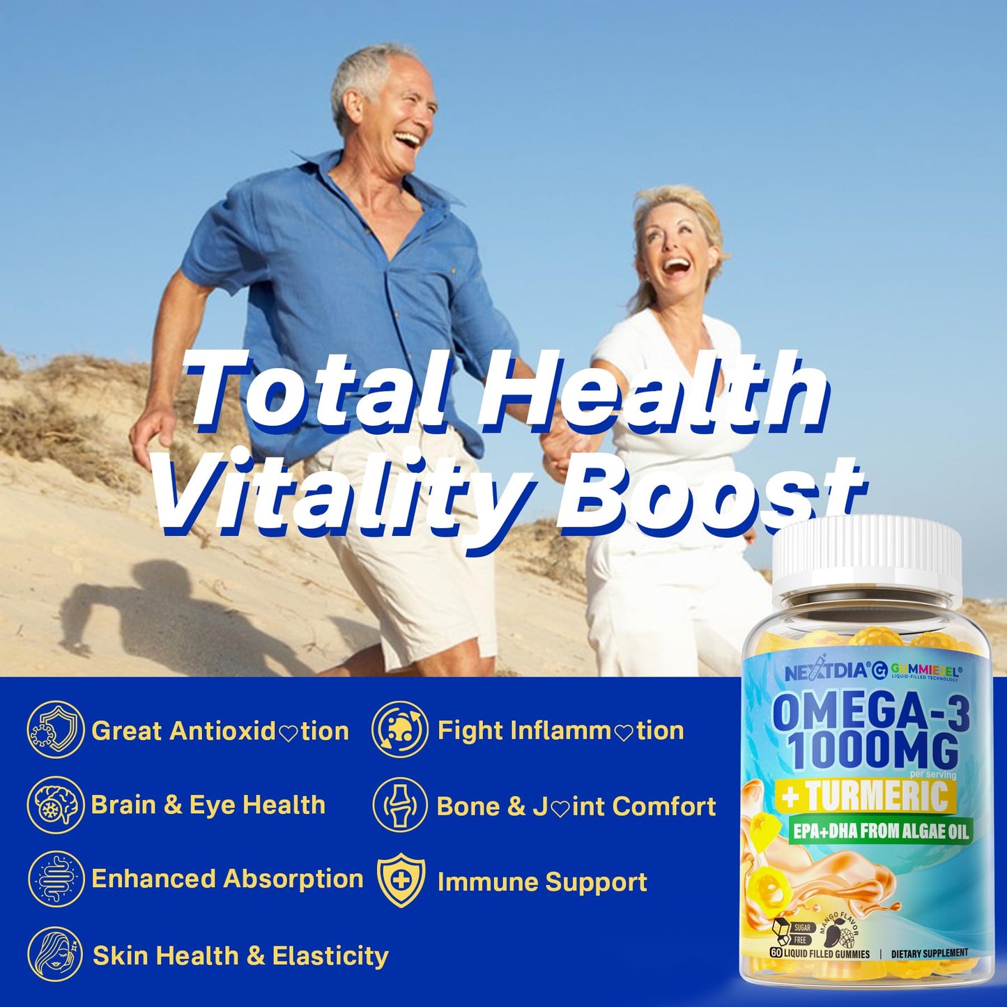 Vegan Omega-3 Gummies 1000mg + Turmeric - Omega 3 Fish Oil Alternative for Adults - Algae DHA 600mg & EPA 300mg - dailyvitalstore