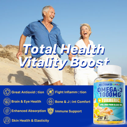 Vegan Omega-3 Gummies 1000mg + Turmeric - Omega 3 Fish Oil Alternative for Adults - Algae DHA 600mg & EPA 300mg - dailyvitalstore
