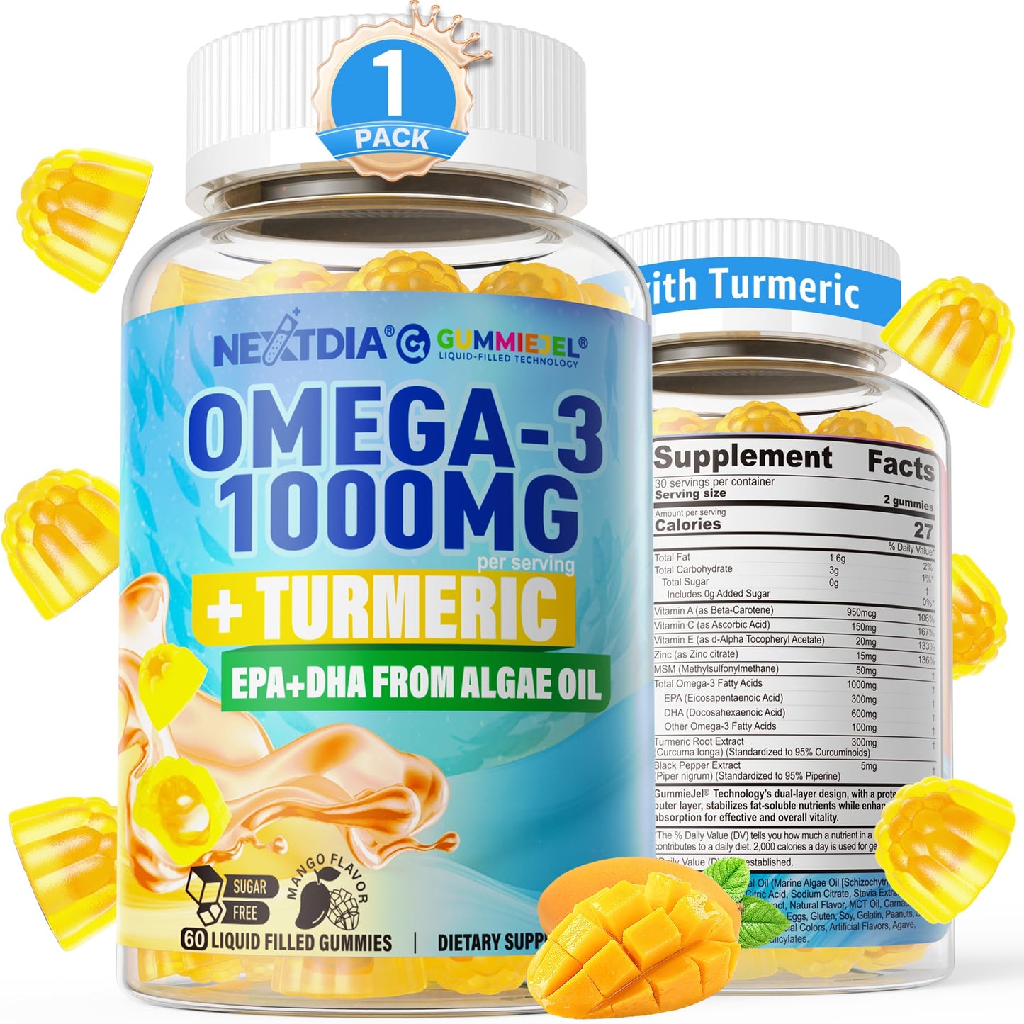 Vegan Omega-3 Gummies 1000mg + Turmeric - Omega 3 Fish Oil Alternative for Adults - Algae DHA 600mg & EPA 300mg - dailyvitalstore