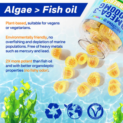 Vegan Omega-3 Gummies 1000mg + Turmeric - Omega 3 Fish Oil Alternative for Adults - Algae DHA 600mg & EPA 300mg - dailyvitalstore