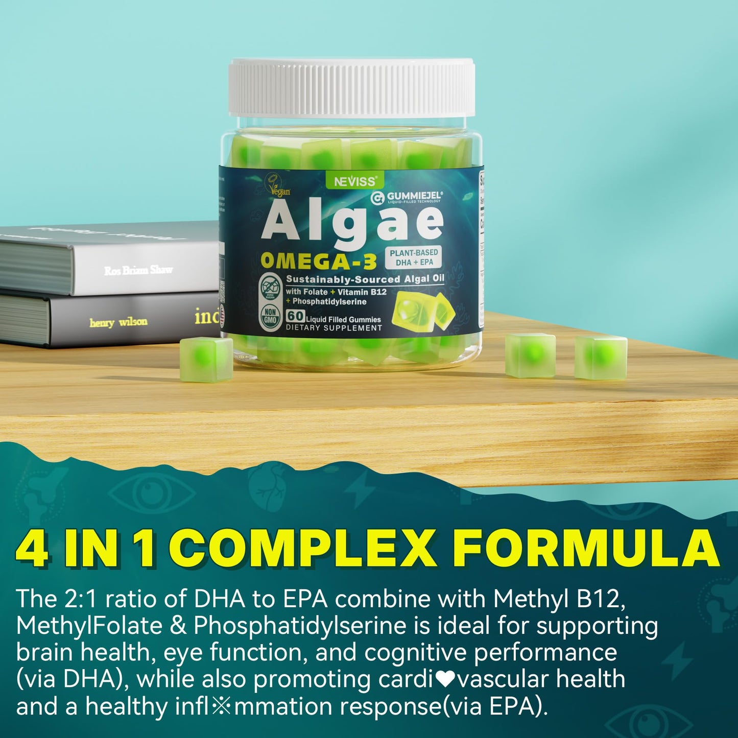 Vegan Omega-3 Gummies for Adults, Fish Oil Alternative from Algae Oil, Plant Based DHA 460mg & EPA 230mg Plus MethylFolate, Vitamin B12, Phosphatidylserine, - dailyvitalstore