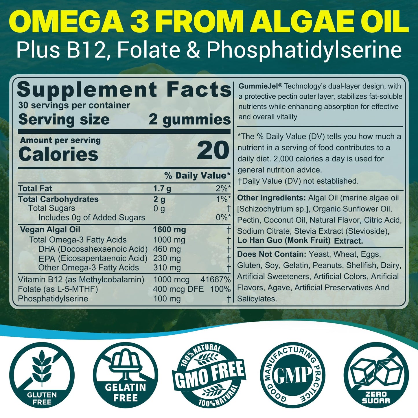 Vegan Omega-3 Gummies for Adults, Fish Oil Alternative from Algae Oil, Plant Based DHA 460mg & EPA 230mg Plus MethylFolate, Vitamin B12, Phosphatidylserine, - dailyvitalstore
