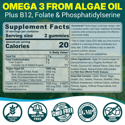 Vegan Omega-3 Gummies for Adults, Fish Oil Alternative from Algae Oil, Plant Based DHA 460mg & EPA 230mg Plus MethylFolate, Vitamin B12, Phosphatidylserine, - dailyvitalstore