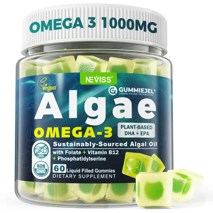 Vegan Omega-3 Gummies for Adults, Fish Oil Alternative from Algae Oil, Plant Based DHA 460mg & EPA 230mg Plus MethylFolate, Vitamin B12, Phosphatidylserine, - dailyvitalstore
