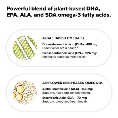 Vegan Omega 3 Supplement- 960mg Omega-3 Fatty Acids, DHA, EPA, SDA, ALA Supplement - Immune Support- 30 Servings, 60 Liquid Capsules - dailyvitalstore