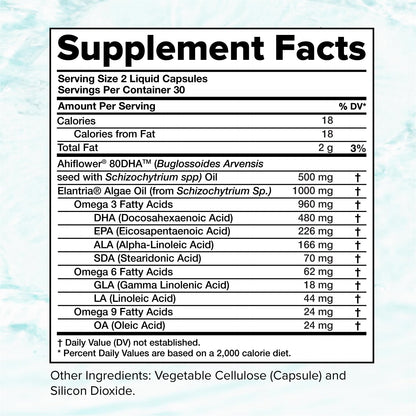 Vegan Omega 3 Supplement- 960mg Omega-3 Fatty Acids, DHA, EPA, SDA, ALA Supplement - Immune Support- 30 Servings, 60 Liquid Capsules - dailyvitalstore