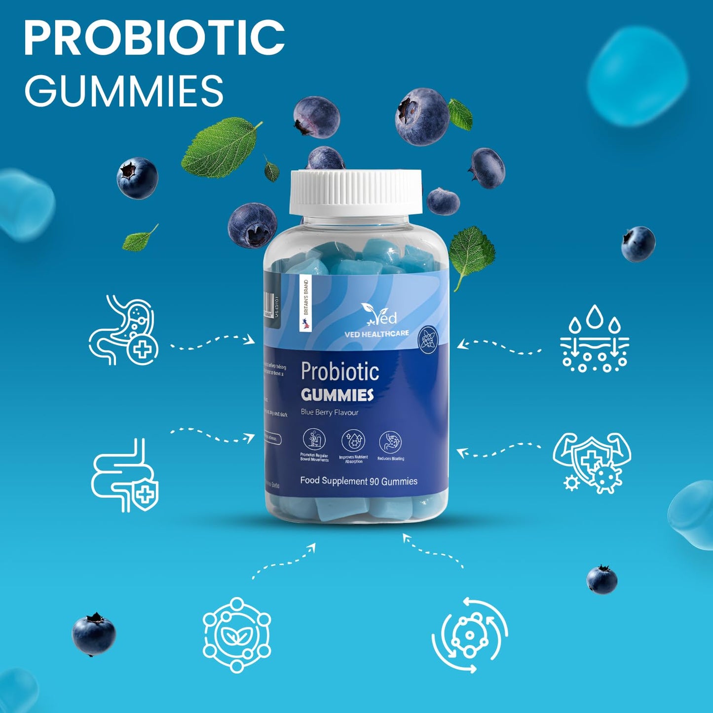 Vegan Probiotic Gummies with Prebiotics, Blueberry Flavour, 2 Gummies Daily (90 Count), 45 Days Supply, Non-GMO, Gluten Free, - dailyvitalstore