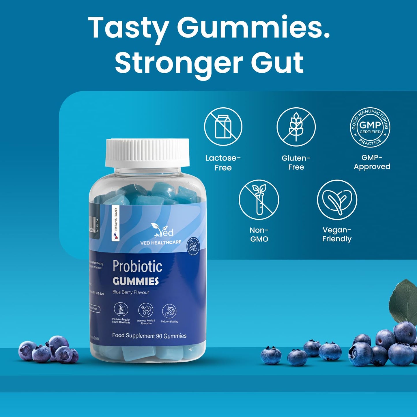 Vegan Probiotic Gummies with Prebiotics, Blueberry Flavour, 2 Gummies Daily (90 Count), 45 Days Supply, Non-GMO, Gluten Free, - dailyvitalstore