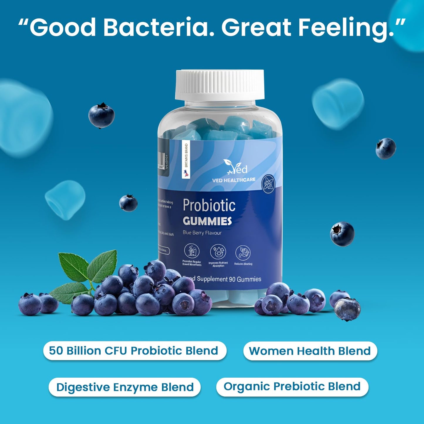 Vegan Probiotic Gummies with Prebiotics, Blueberry Flavour, 2 Gummies Daily (90 Count), 45 Days Supply, Non-GMO, Gluten Free, - dailyvitalstore