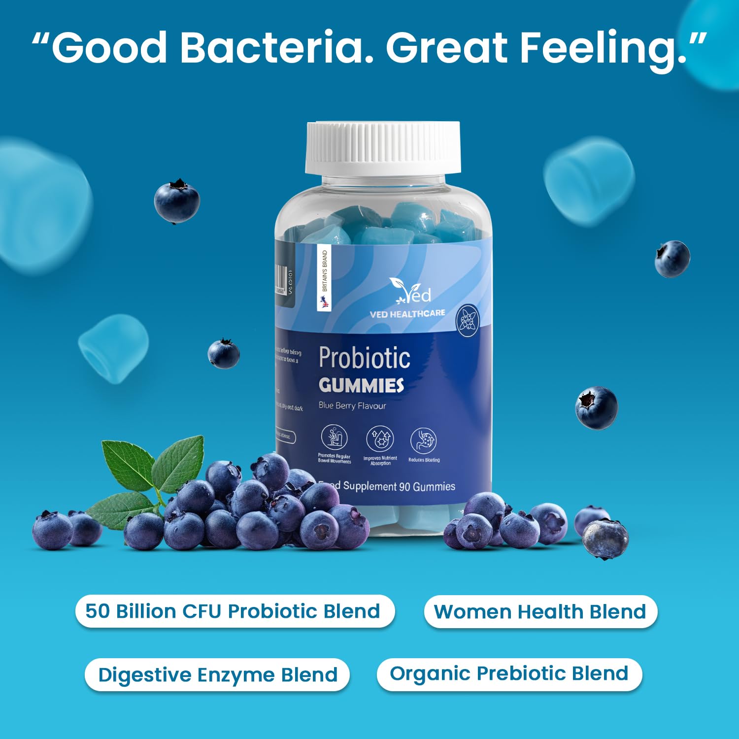 Vegan Probiotic Gummies with Prebiotics, Blueberry Flavour, 2 Gummies Daily (90 Count), 45 Days Supply, Non-GMO, Gluten Free, - dailyvitalstore
