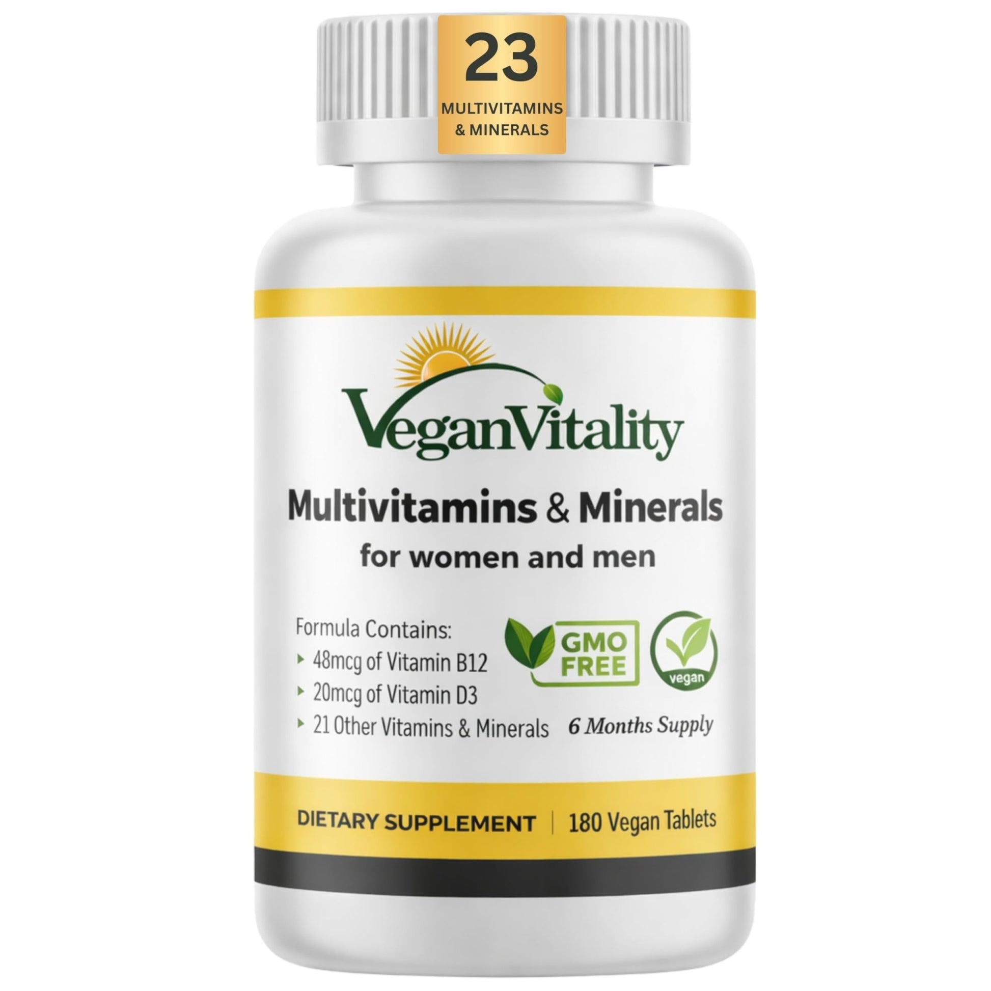 Vegan Vitality Multivitamins & Minerals for Women and Men with High Strength Vitamin B12, D3 & K2. 180 Vegan Multivitamin Tablets - 6 Months Supply - dailyvitalstore