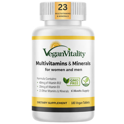 Vegan Vitality Multivitamins & Minerals for Women and Men with High Strength Vitamin B12, D3 & K2. 180 Vegan Multivitamin Tablets - 6 Months Supply - dailyvitalstore