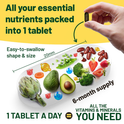 Vegan Vitality Multivitamins & Minerals for Women and Men with High Strength Vitamin B12, D3 & K2. 180 Vegan Multivitamin Tablets - 6 Months Supply - dailyvitalstore