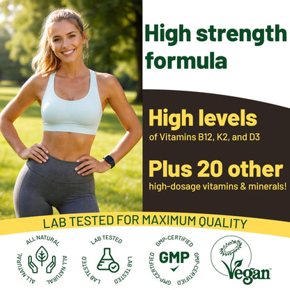 Vegan Vitality Multivitamins & Minerals for Women and Men with High Strength Vitamin B12, D3 & K2. 180 Vegan Multivitamin Tablets - 6 Months Supply - dailyvitalstore