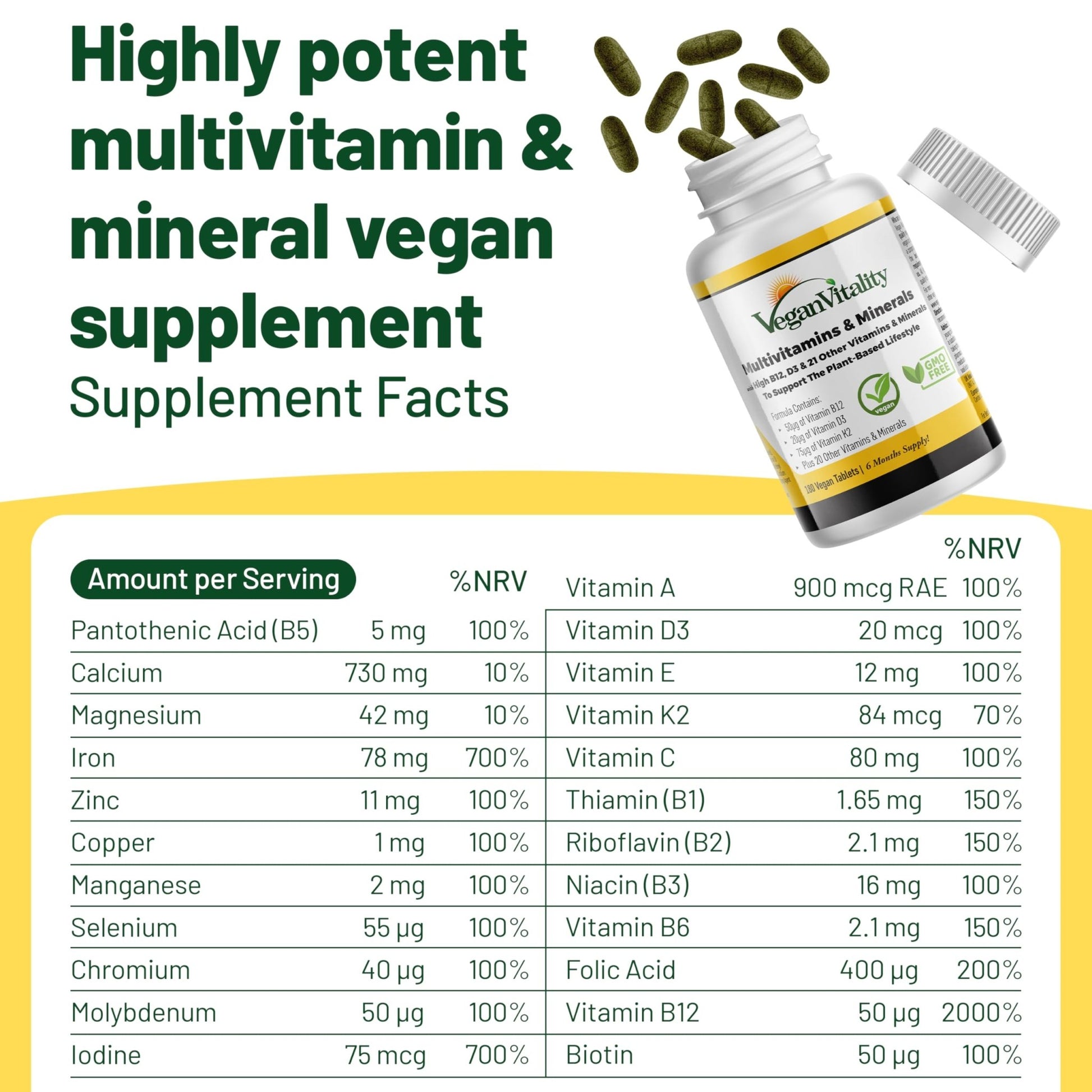Vegan Vitality Multivitamins & Minerals for Women and Men with High Strength Vitamin B12, D3 & K2. 180 Vegan Multivitamin Tablets - 6 Months Supply - dailyvitalstore