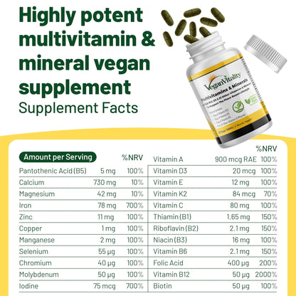 Vegan Vitality Multivitamins & Minerals for Women and Men with High Strength Vitamin B12, D3 & K2. 180 Vegan Multivitamin Tablets - 6 Months Supply - dailyvitalstore