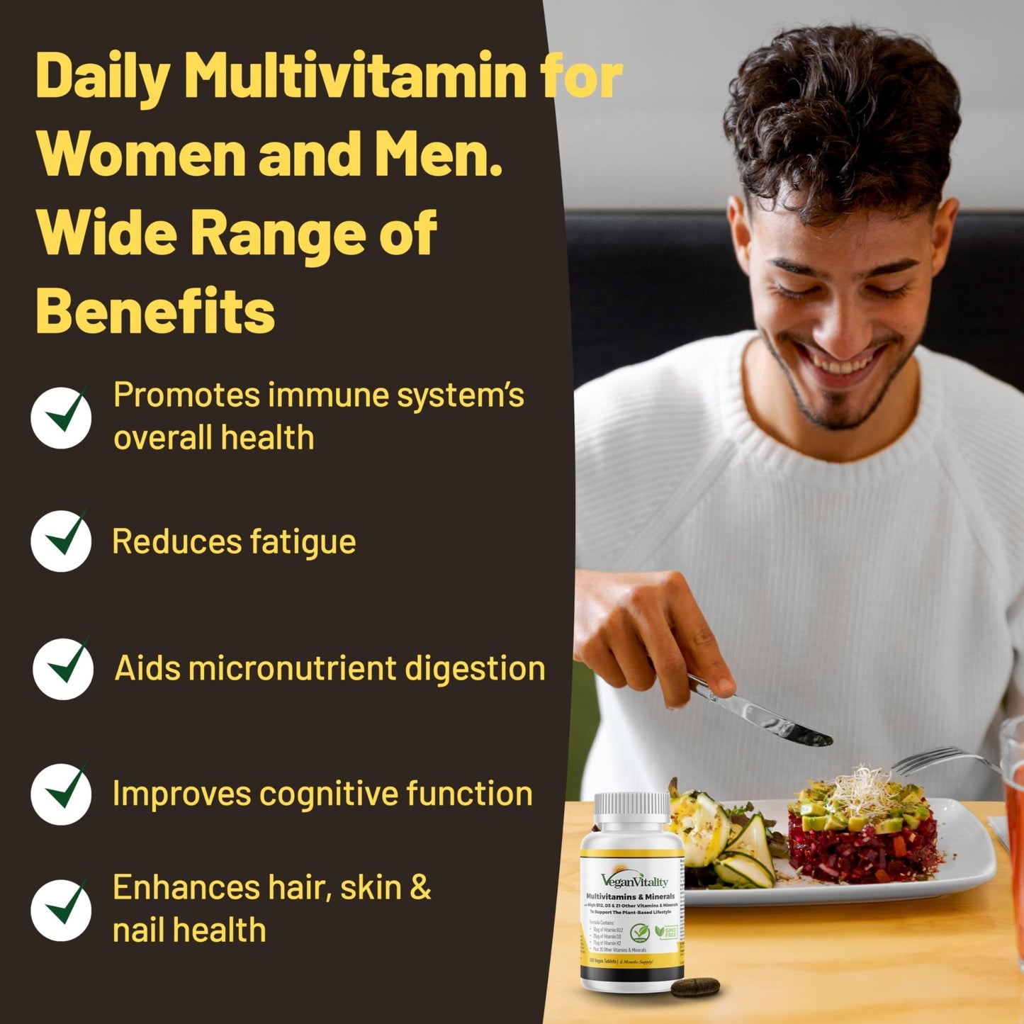 Vegan Vitality Multivitamins & Minerals for Women and Men with High Strength Vitamin B12, D3 & K2. 180 Vegan Multivitamin Tablets - 6 Months Supply - dailyvitalstore