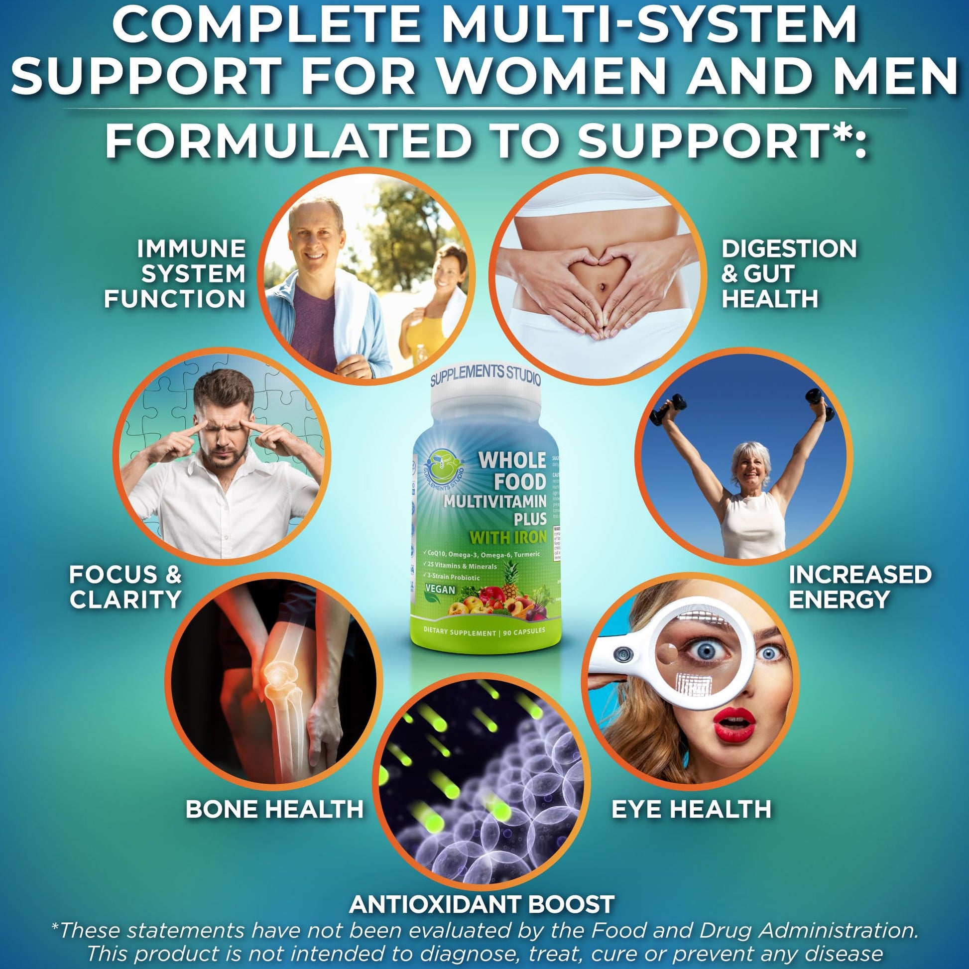Vegan Whole Food Daily Multivitamin with Iron, Methylated Multivitamin for Women and Men, Made with Fruits & Vegetables, B-Complex, Probiotics, Enzymes - dailyvitalstore
