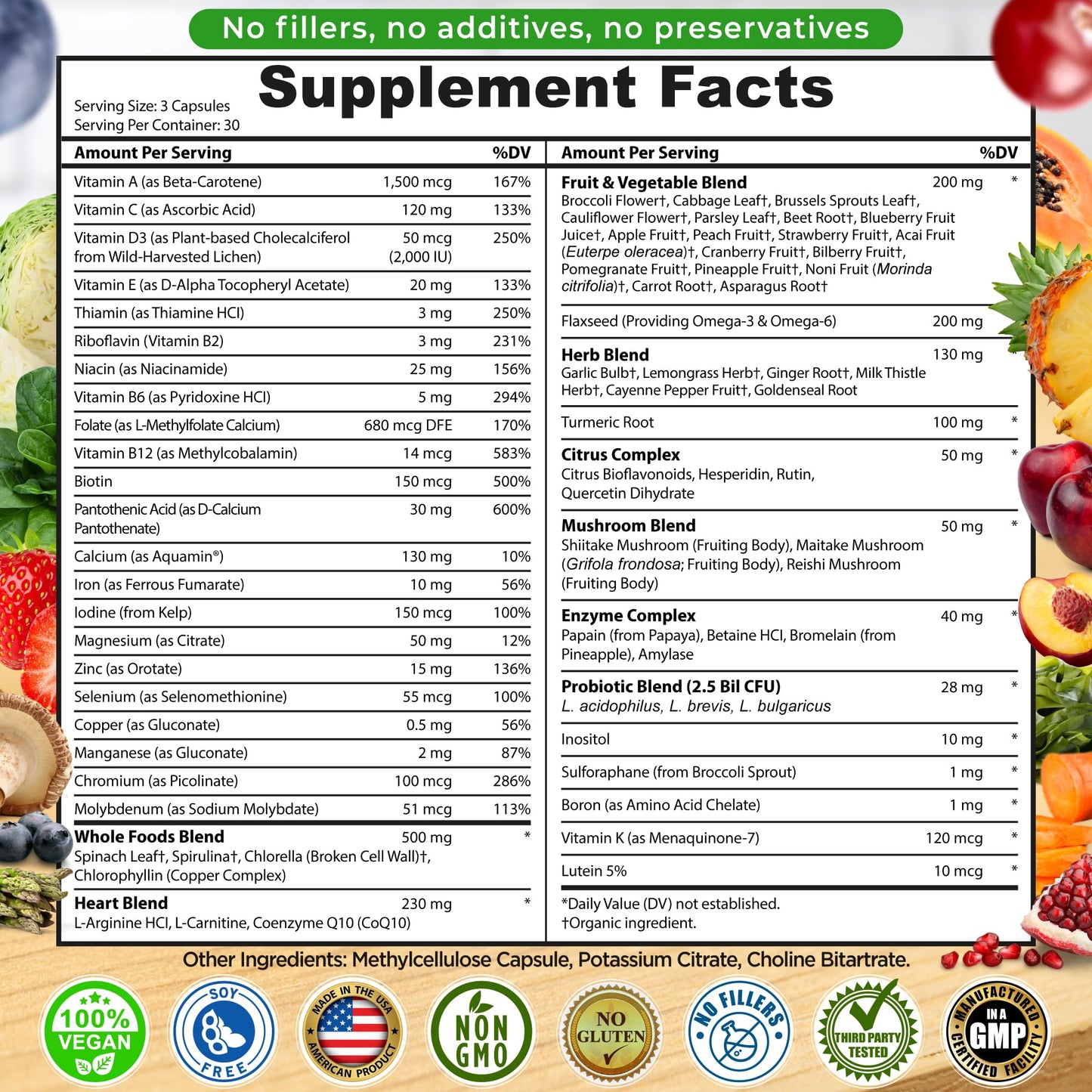 Vegan Whole Food Daily Multivitamin with Iron, Methylated Multivitamin for Women and Men, Made with Fruits & Vegetables, B-Complex, Probiotics, Enzymes - dailyvitalstore