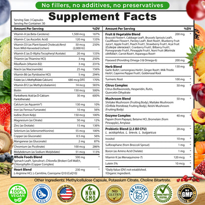 Vegan Whole Food Daily Multivitamin with Iron, Methylated Multivitamin for Women and Men, Made with Fruits & Vegetables, B-Complex, Probiotics, Enzymes - dailyvitalstore