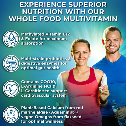 Vegan Whole Food Daily Multivitamin with Iron, Methylated Multivitamin for Women and Men, Made with Fruits & Vegetables, B-Complex, Probiotics, Enzymes - dailyvitalstore