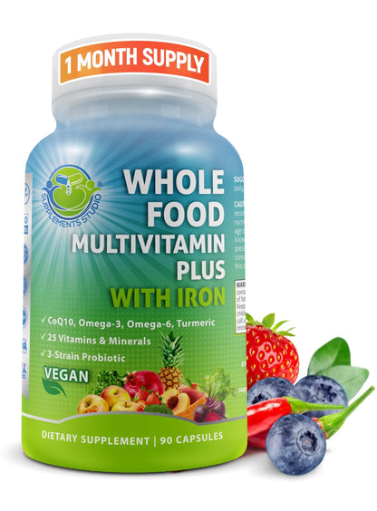 Vegan Whole Food Daily Multivitamin with Iron, Methylated Multivitamin for Women and Men, Made with Fruits & Vegetables, B-Complex, Probiotics, Enzymes - dailyvitalstore