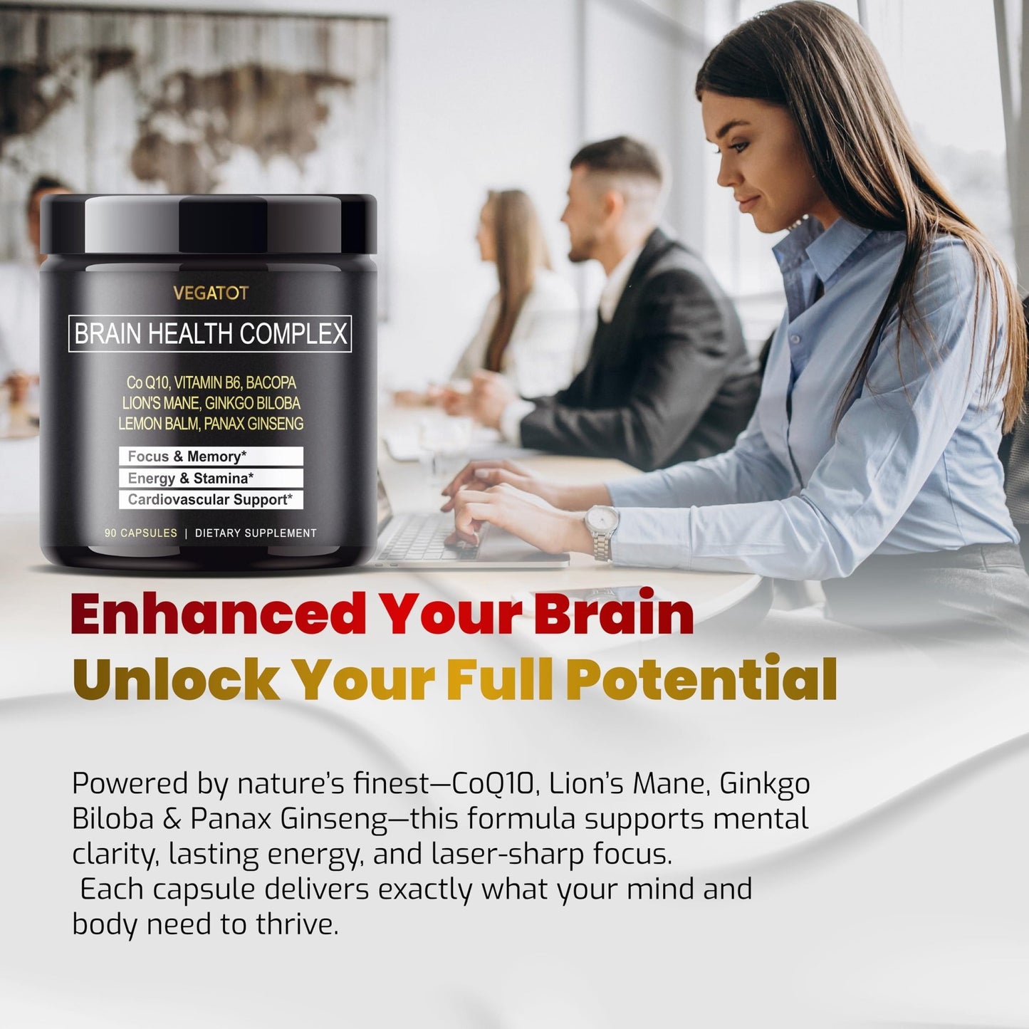 VEGATOT Brain Booster Brain Health Complex Supplement Concentrated with CoQ-10 VIT B6 Lion's Mane Ginkgo Biloba Lemon Balm Ginseng - dailyvitalstore