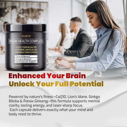 VEGATOT Brain Booster Brain Health Complex Supplement Concentrated with CoQ-10 VIT B6 Lion's Mane Ginkgo Biloba Lemon Balm Ginseng - dailyvitalstore