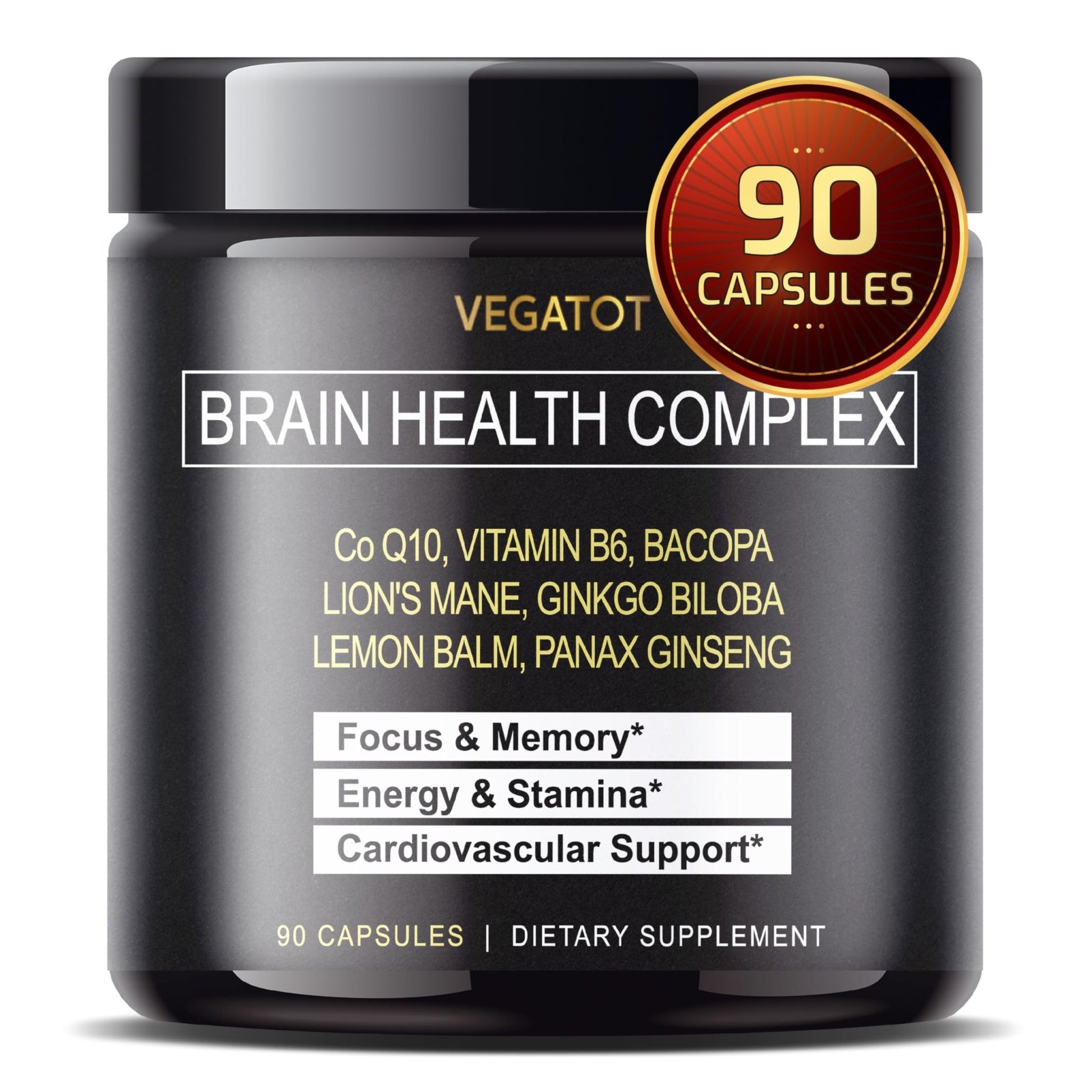 VEGATOT Brain Booster Brain Health Complex Supplement Concentrated with CoQ-10 VIT B6 Lion's Mane Ginkgo Biloba Lemon Balm Ginseng - dailyvitalstore