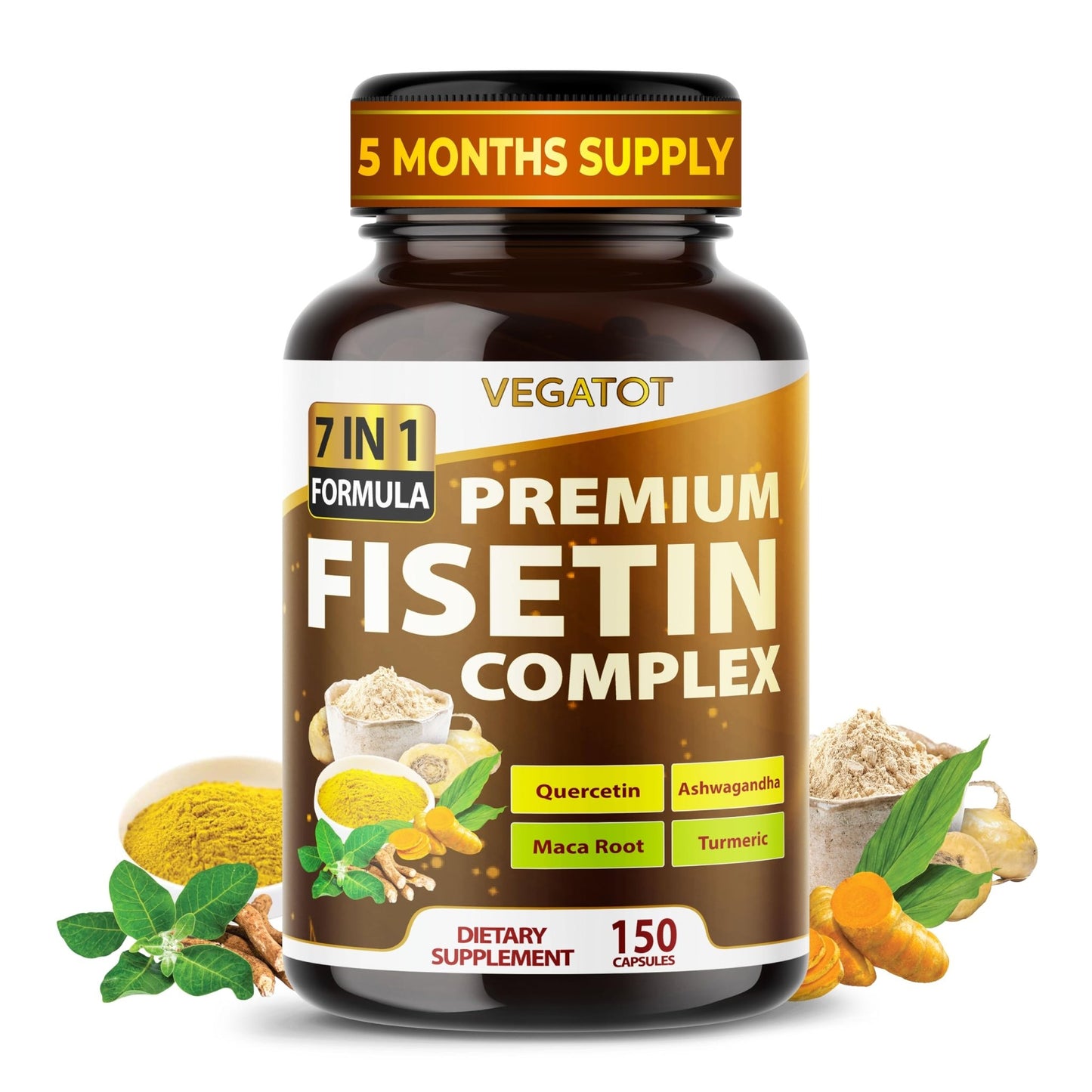 VEGATOT Organic Fisetin Complex 7-in-1 Formula | with Quercetin, Resveratrol, Ashwagandha, Maca Root, Turmeric, Black Pepper | 150 Capsules | Non-GMO, Gluten-Free - dailyvitalstore