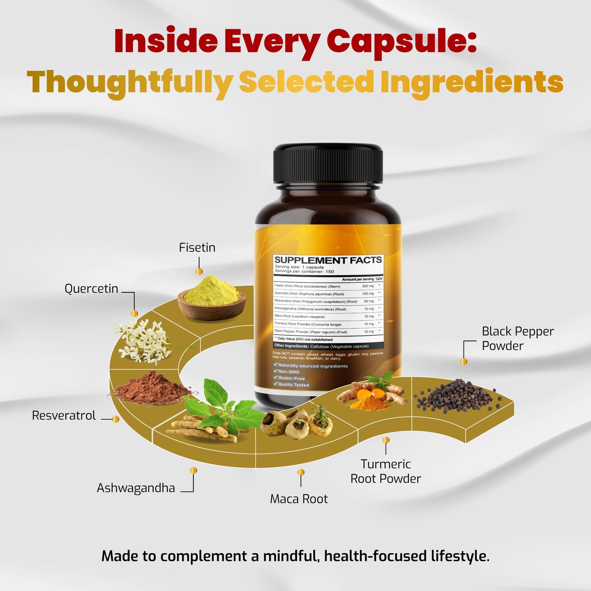 VEGATOT Organic Fisetin Complex 7-in-1 Formula | with Quercetin, Resveratrol, Ashwagandha, Maca Root, Turmeric, Black Pepper | 150 Capsules | Non-GMO, Gluten-Free - dailyvitalstore
