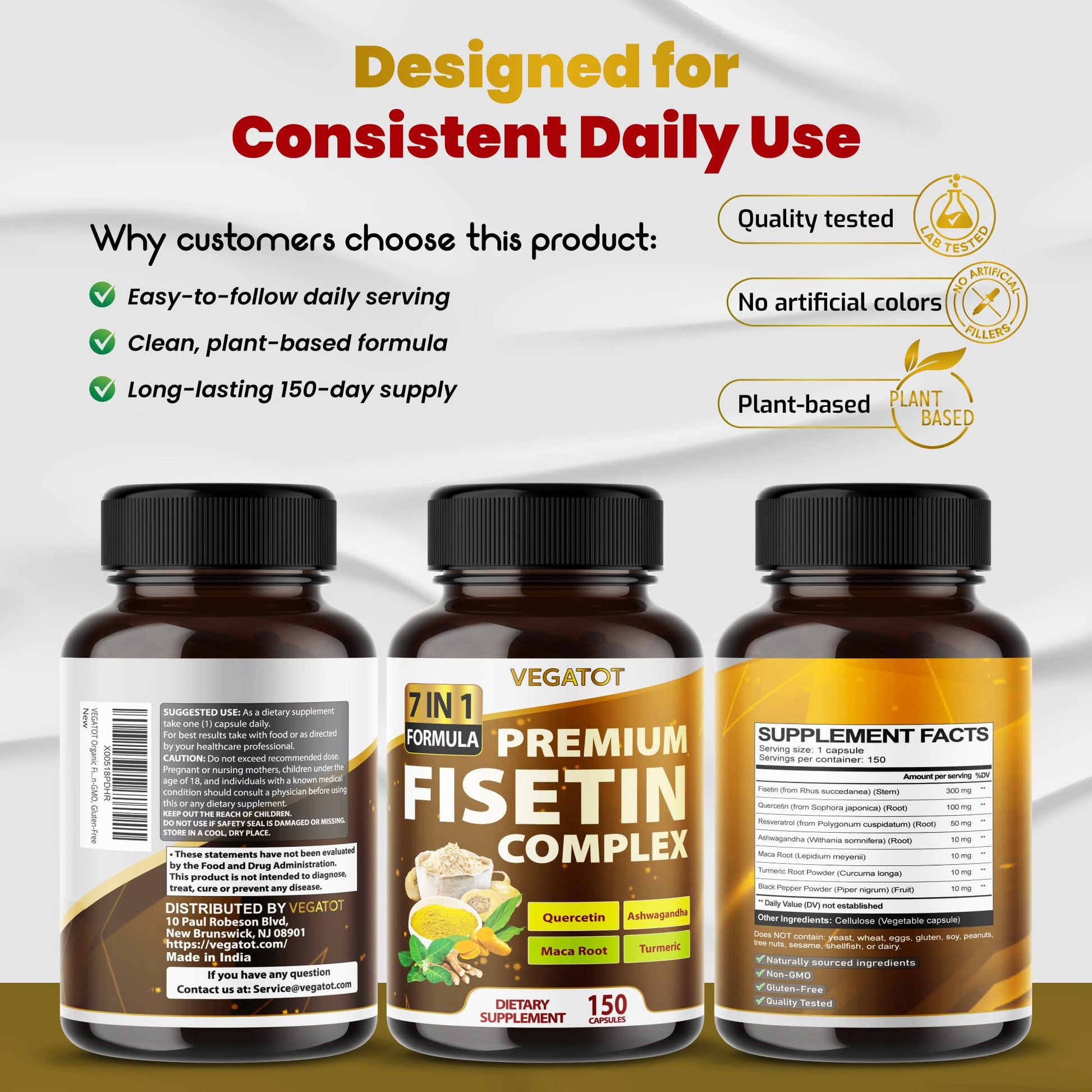 VEGATOT Organic Fisetin Complex 7-in-1 Formula | with Quercetin, Resveratrol, Ashwagandha, Maca Root, Turmeric, Black Pepper | 150 Capsules | Non-GMO, Gluten-Free - dailyvitalstore