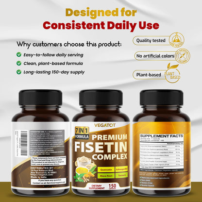 VEGATOT Organic Fisetin Complex 7-in-1 Formula | with Quercetin, Resveratrol, Ashwagandha, Maca Root, Turmeric, Black Pepper | 150 Capsules | Non-GMO, Gluten-Free - dailyvitalstore