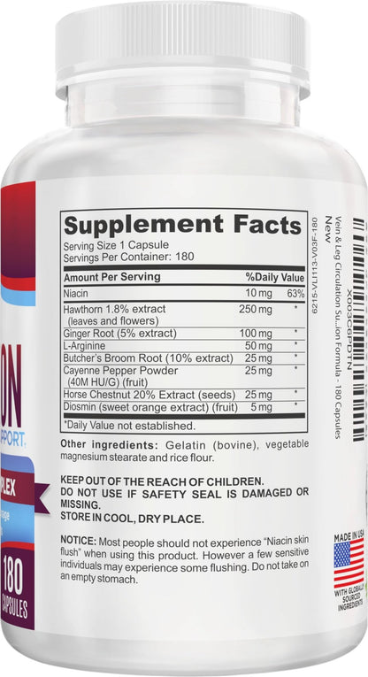 Vein & Leg Circulation (2-Month) Support Supplement with 8 Active Ingredients in 1 Formula | Leg + Vein | Blood Circulation Support Supplements | 60-Day Bulk Supply | 180 Capsules - dailyvitalstore