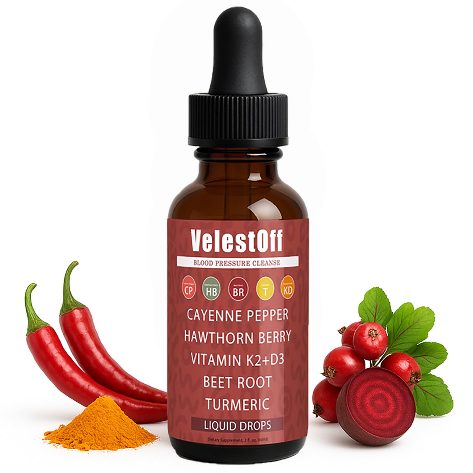 Velestoff Cayenne Pepper | Cayenne Heart & Circulation Blend – Botanical Extracts with Hawthorn, Beet Root, Turmeric, Vitamin K2 & D3 – Daily Wellness Drops (2 fl oz) (1) - dailyvitalstore