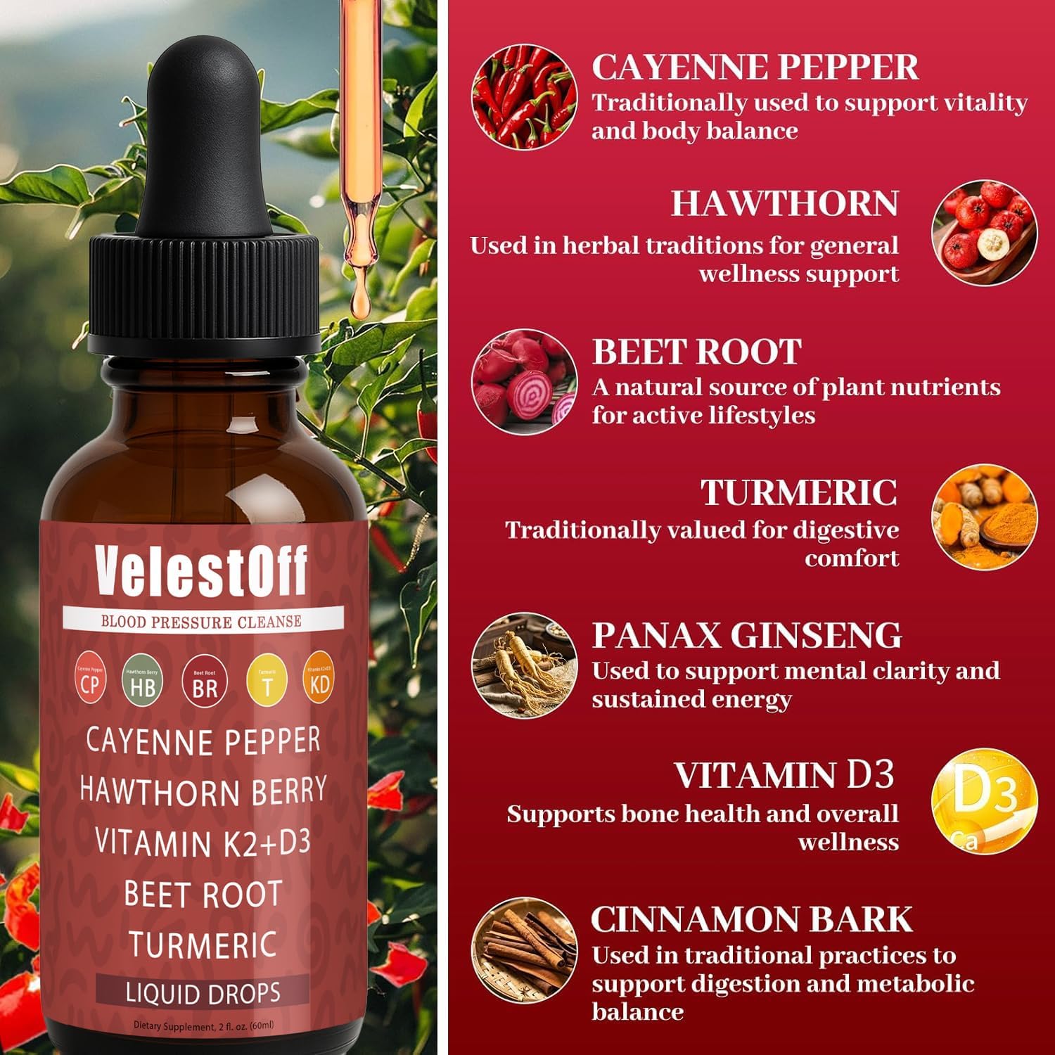 Velestoff Cayenne Pepper | Cayenne Heart & Circulation Blend – Botanical Extracts with Hawthorn, Beet Root, Turmeric, Vitamin K2 & D3 – Daily Wellness Drops (2 fl oz) (1) - dailyvitalstore