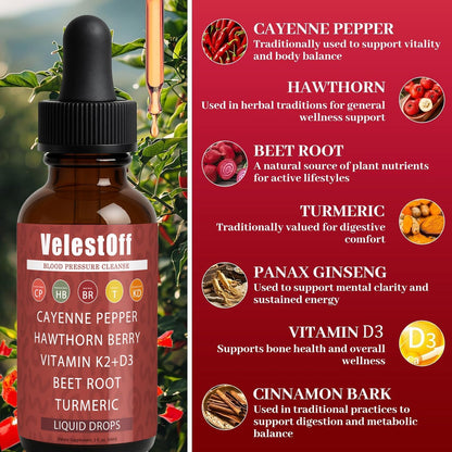 Velestoff Cayenne Pepper | Cayenne Heart & Circulation Blend – Botanical Extracts with Hawthorn, Beet Root, Turmeric, Vitamin K2 & D3 – Daily Wellness Drops (2 fl oz) (1) - dailyvitalstore