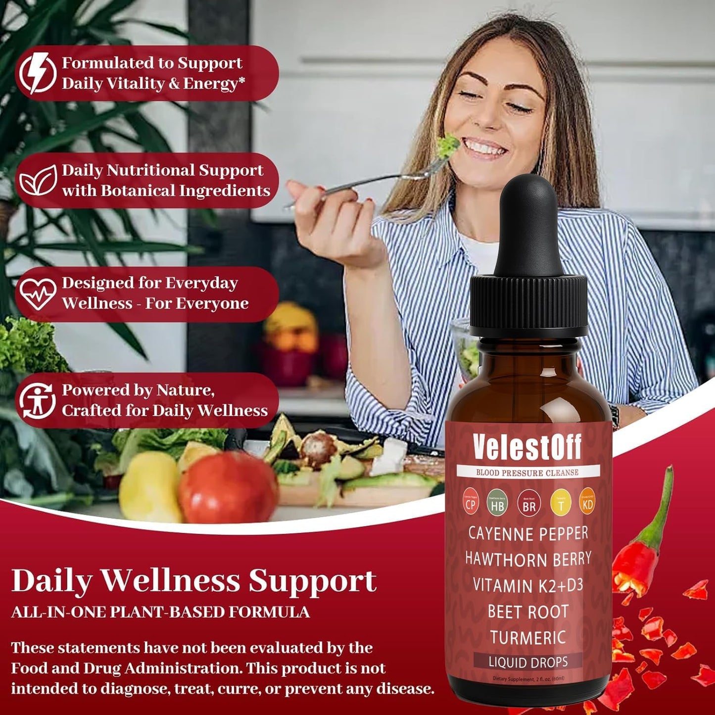 Velestoff Cayenne Pepper | Cayenne Heart & Circulation Blend – Botanical Extracts with Hawthorn, Beet Root, Turmeric, Vitamin K2 & D3 – Daily Wellness Drops (2 fl oz) (2) - dailyvitalstore