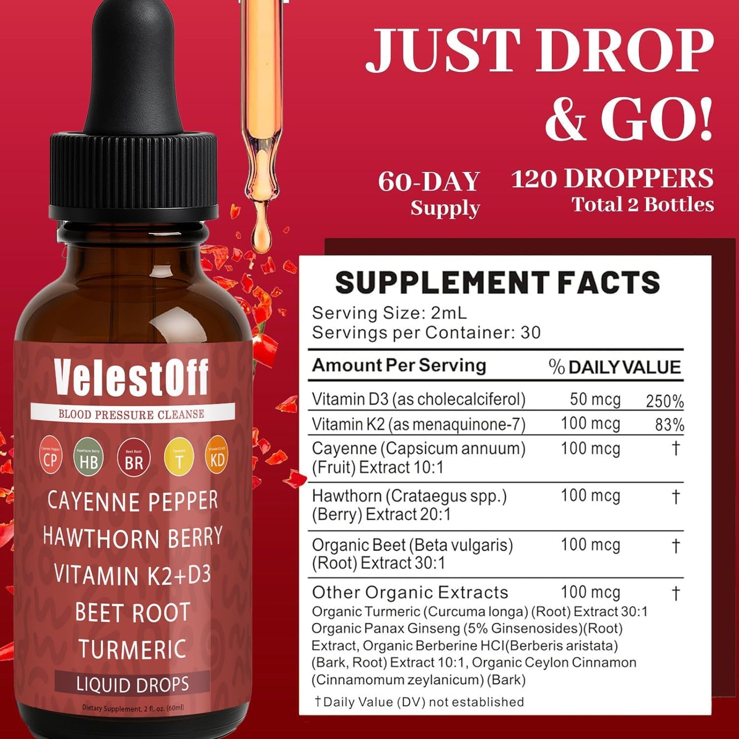 Velestoff Cayenne Pepper | Cayenne Heart & Circulation Blend – Botanical Extracts with Hawthorn, Beet Root, Turmeric, Vitamin K2 & D3 – Daily Wellness Drops (2 fl oz) (2) - dailyvitalstore