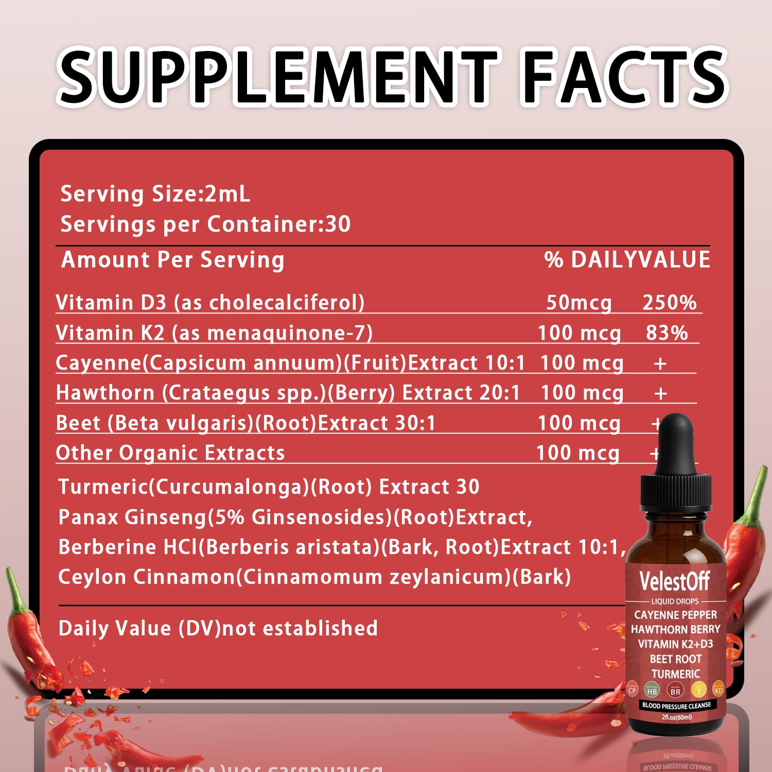 Velestoff Cayenne Pepper & Cayenne Pepper Drops Liquid Supplement with Hawthorn, Beet Root, Turmeric, Vitamin K2 D3 - dailyvitalstore