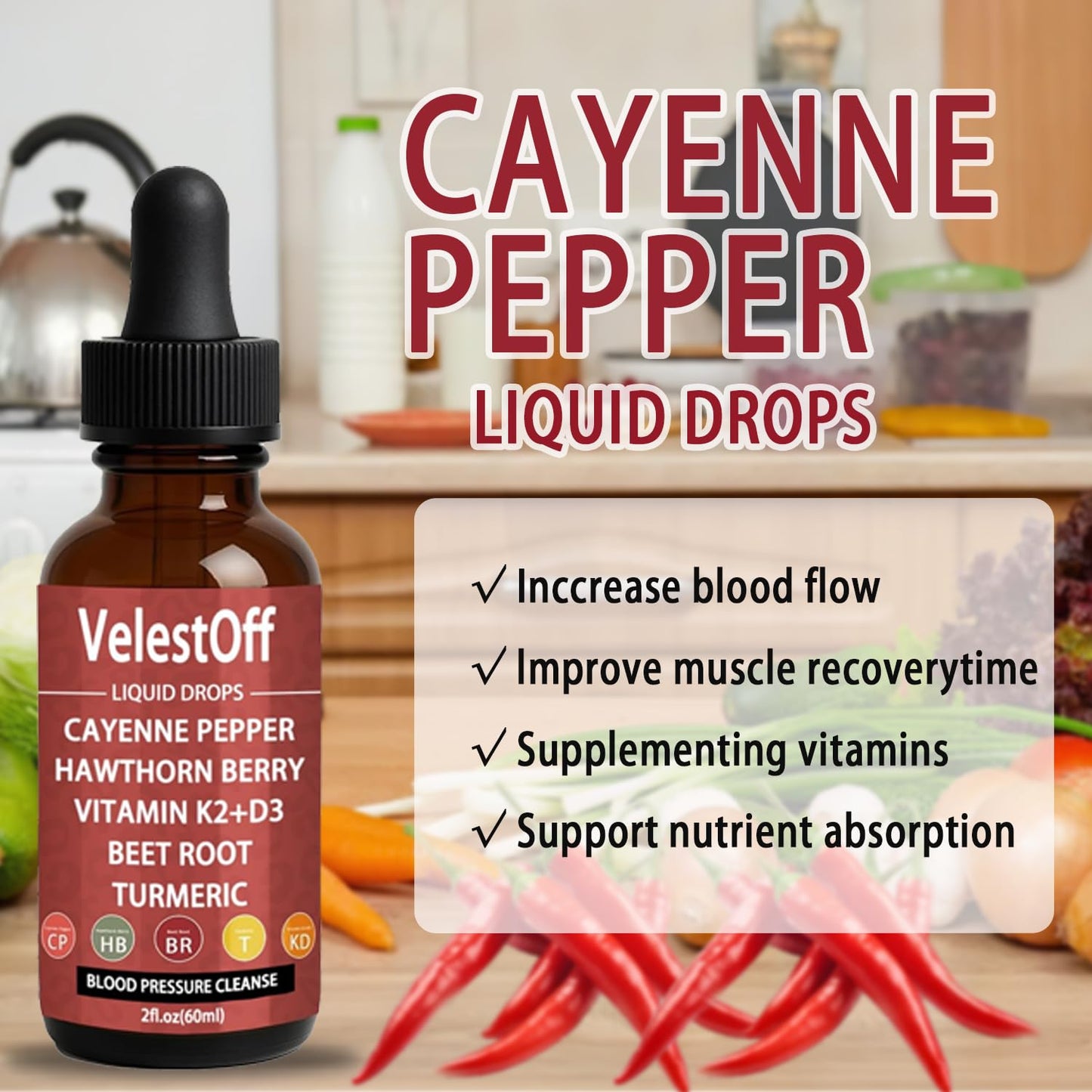 Velestoff Cayenne Pepper & Cayenne Pepper Drops Liquid Supplement with Hawthorn, Beet Root, Turmeric, Vitamin K2 D3 - dailyvitalstore