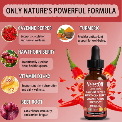 Velestoff Cayenne Pepper & Cayenne Pepper Drops Liquid Supplement with Hawthorn, Beet Root, Turmeric, Vitamin K2 D3 - dailyvitalstore