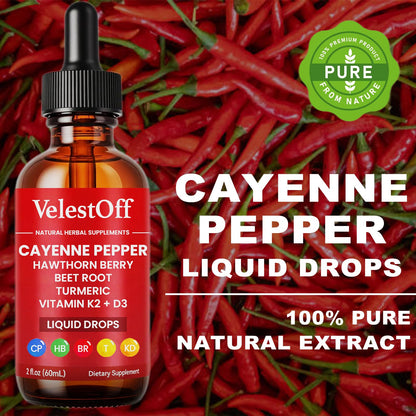Velestoff Cayenne Pepper Drops, Cayenne Circulation Blend with Hawthorn Beet Root Turmeric Vitamin K2 D3 - Vegan, Non-GMO - 2FL.OZ (2 PCS) - dailyvitalstore