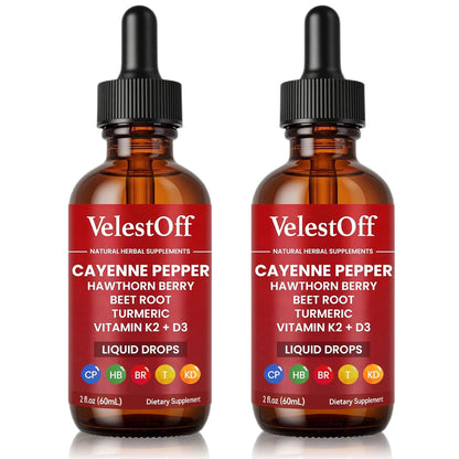 Velestoff Cayenne Pepper Drops, Cayenne Circulation Blend with Hawthorn Beet Root Turmeric Vitamin K2 D3 - Vegan, Non-GMO - 2FL.OZ (2 PCS) - dailyvitalstore