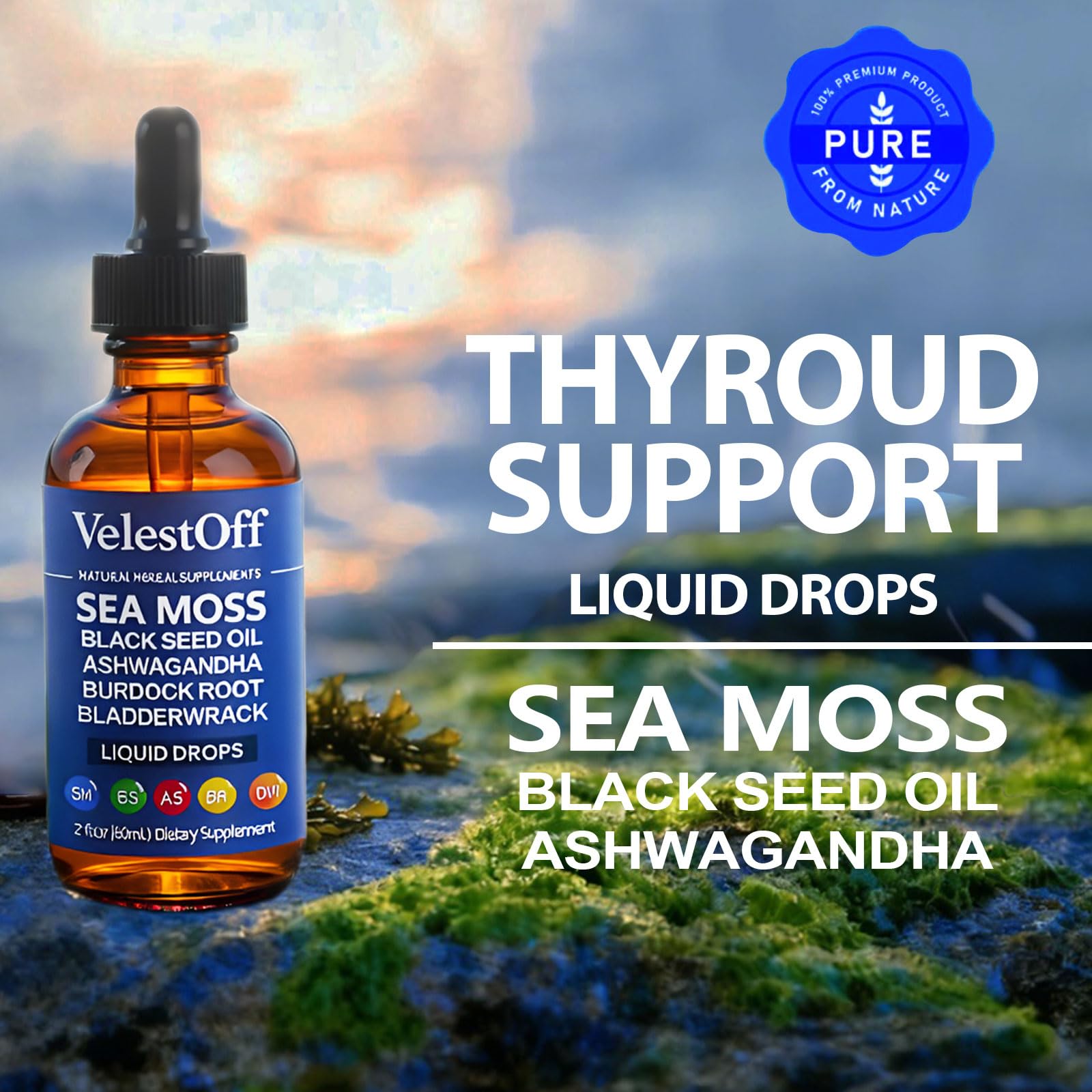 Velestoff Irish Seamoss Thyroid Hormone Regulator, Velestoff Thyroid Support Drops | Sea Moss, Black Seed Oil, Ashwagandha, Burdock Root, Bladderwrack, Hormone Balance & Support - 2 FL.OZ (1 Pcs) - dailyvitalstore