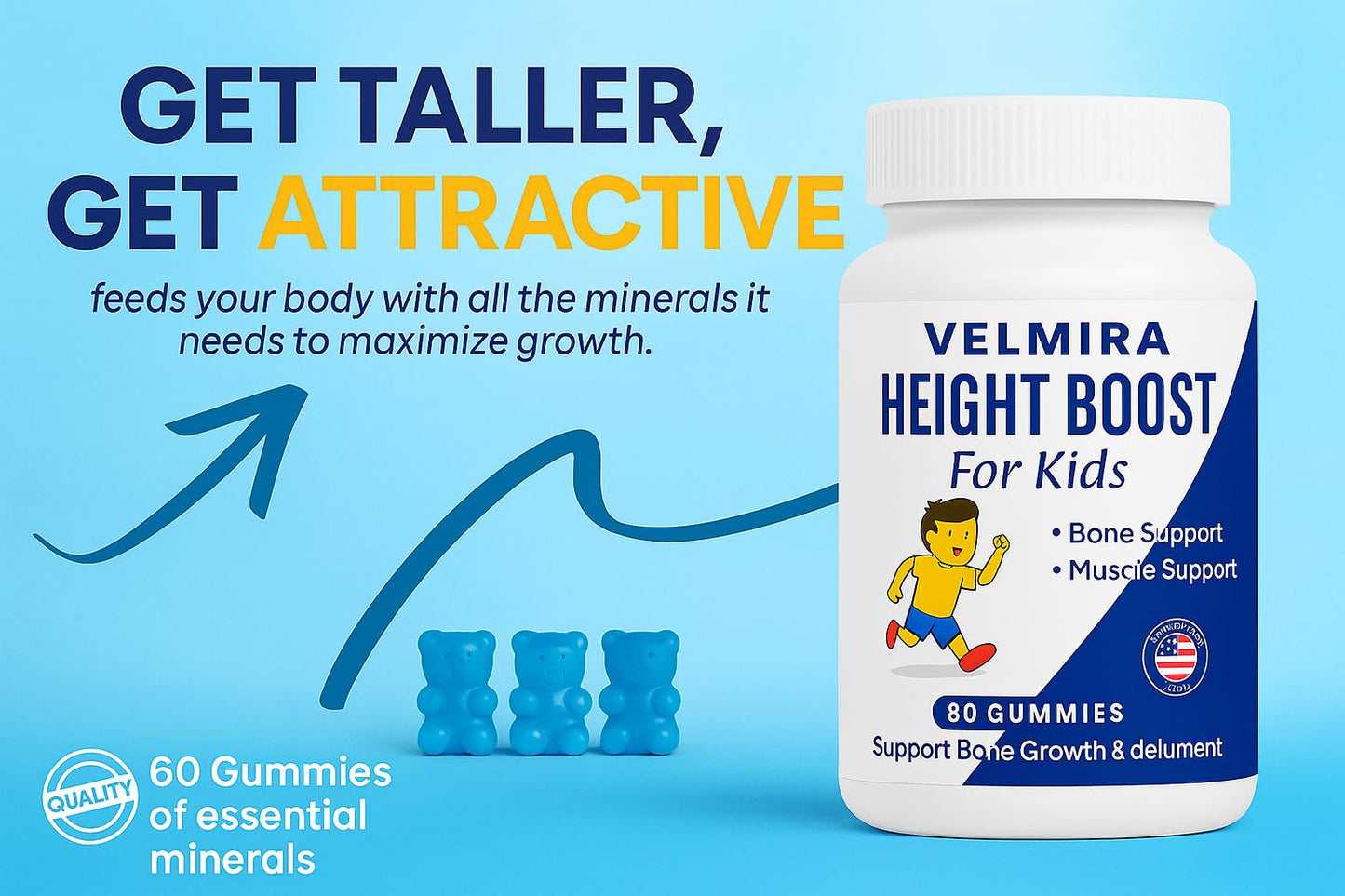 Velmira® Heightener Gummies for Bone Health & Development Support – Essential Vitamins & Minerals, Easy-to-Chew Gummies for Kids, Teens & Adults (Ages 5+) - dailyvitalstore