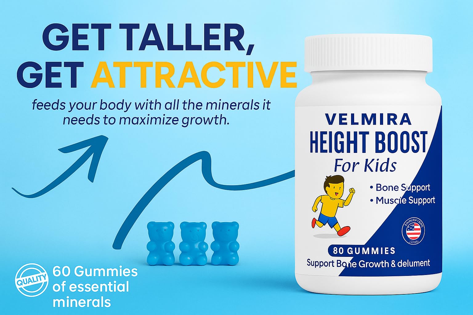 Velmira® Heightener Gummies for Bone Health & Development Support – Essential Vitamins & Minerals, Easy-to-Chew Gummies for Kids, Teens & Adults (Ages 5+) - dailyvitalstore