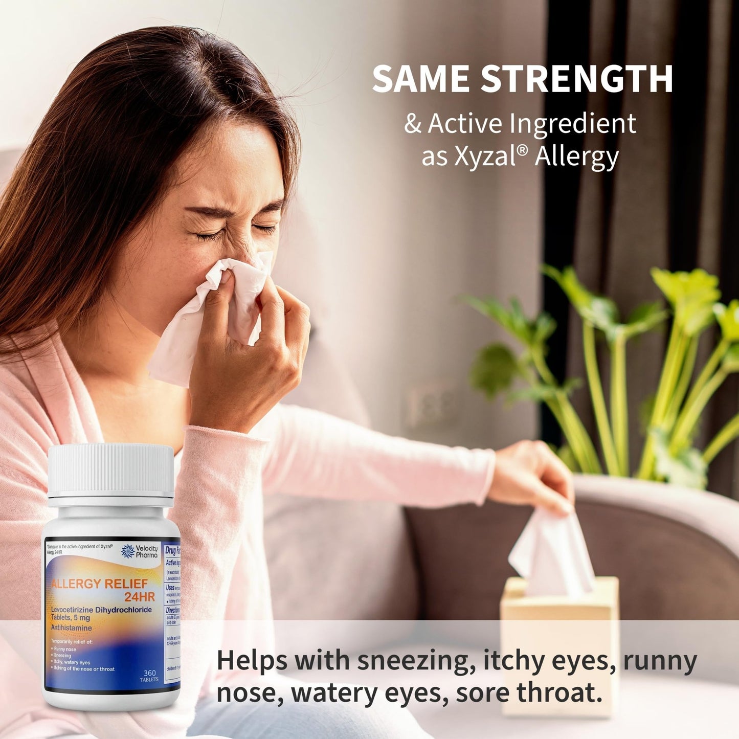 Velocity Pharma Levocetirizine Dihydrochloride 5mg USP Tablets, 24 Hour Allergy Relief Non-Drowsy Antihistamine, 360 Count - dailyvitalstore