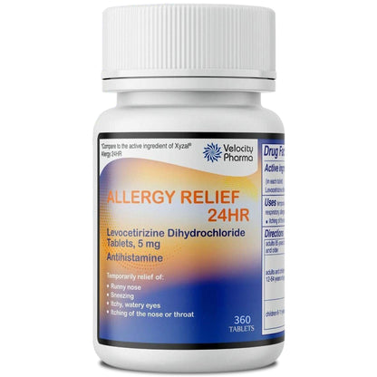 Velocity Pharma Levocetirizine Dihydrochloride 5mg USP Tablets, 24 Hour Allergy Relief Non-Drowsy Antihistamine, 360 Count - dailyvitalstore