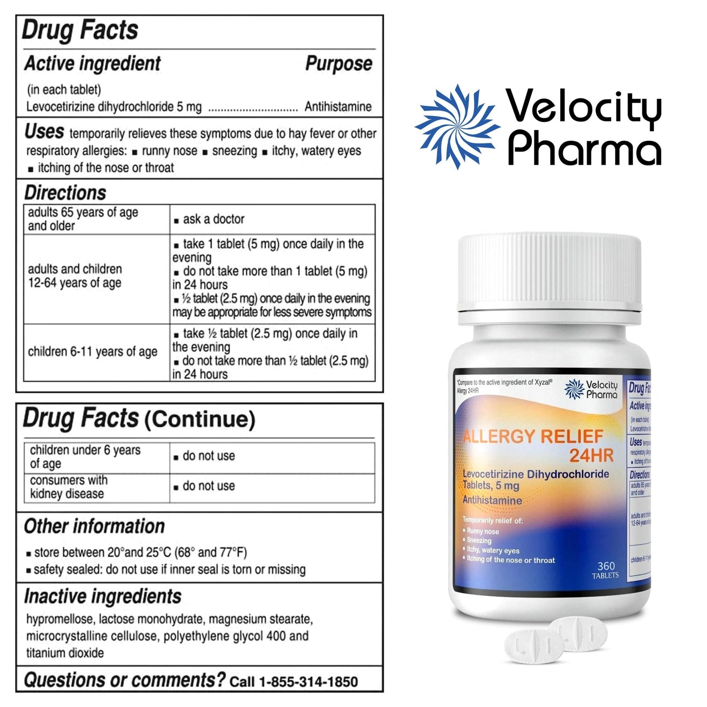 Velocity Pharma Levocetirizine Dihydrochloride 5mg USP Tablets, 24 Hour Allergy Relief Non-Drowsy Antihistamine, 360 Count - dailyvitalstore